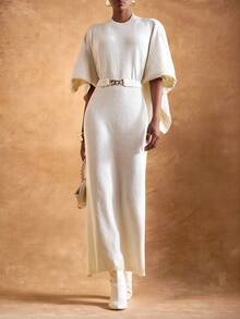 Zivah Elegant Autumn Women Off-White Sweater Dress,Tea Party Slim Fit Half-Sleeve Mid-Length Knit Dress With Metal Waist Decoration For Business Commuter - White - View 4