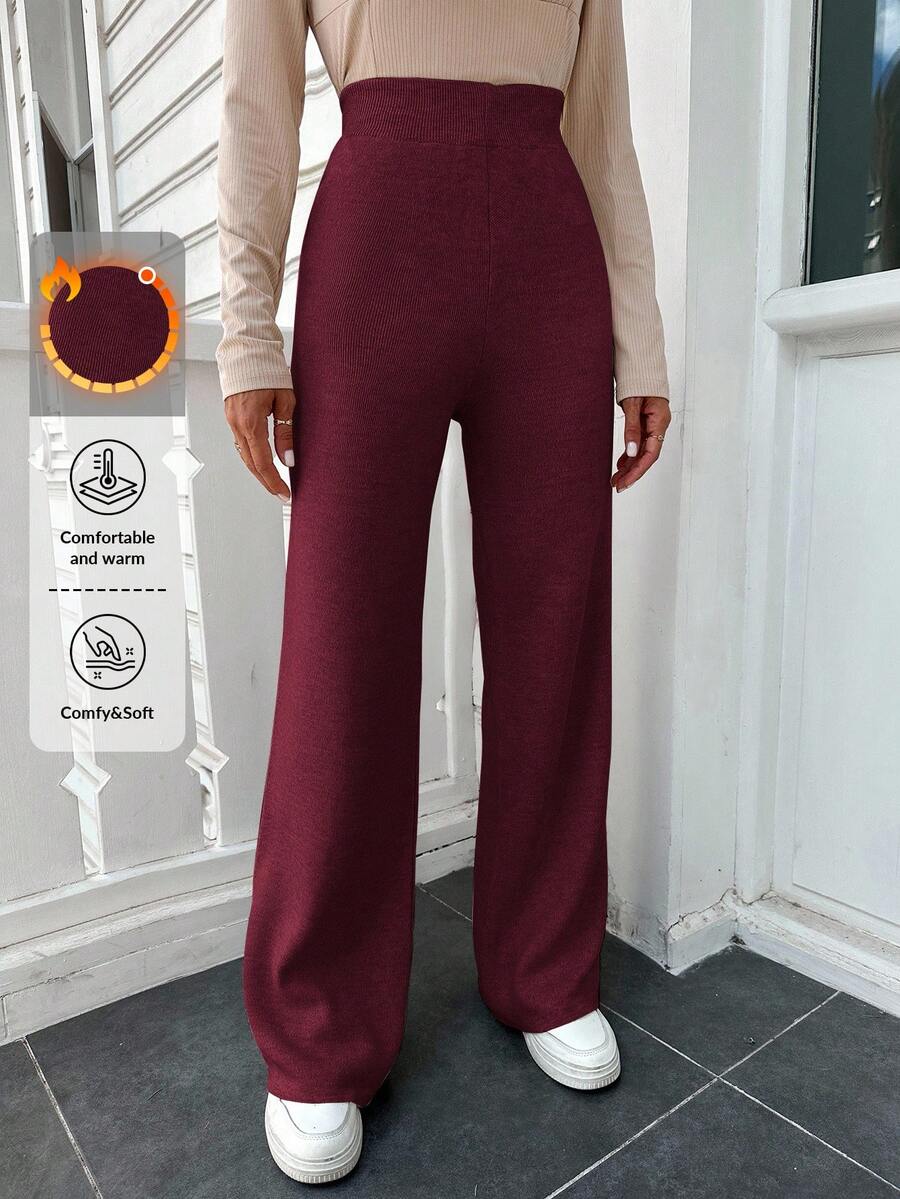 SHEIN Cottnline Solid Wide Leg Knit Pants - Burgundy - View 1