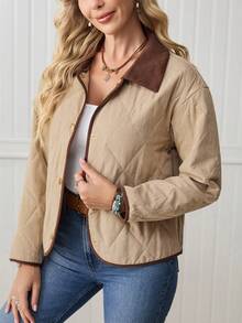 SHEIN LilyWest Áo khoác đệm cổ khoét kim cương họa tiết kim cương phong cách miền Tây dành cho nữ LanaWest - màu nâu - Xem 3