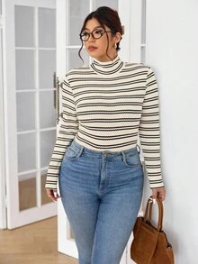 Lounesse Camiseta de punto de cuello alto ajustada de talla grande de color liso acanalado