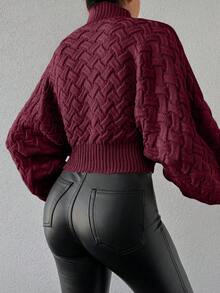 SHEIN Cottnline Women's Solid Color High Neck Cropped Batwing Sleeve Sweater - Burgundy - View 2