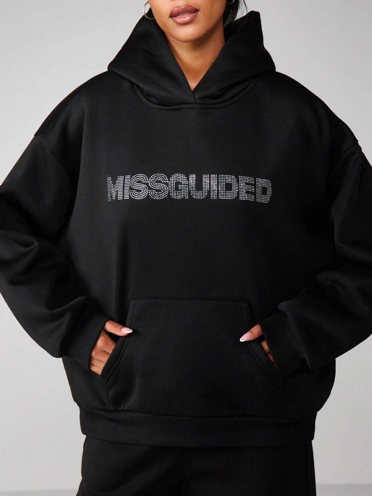 MISSGUIDED Oversized Rhinestone Embellished Hoodie With Drawstring And Centre Pocket For Casual Winter Wear