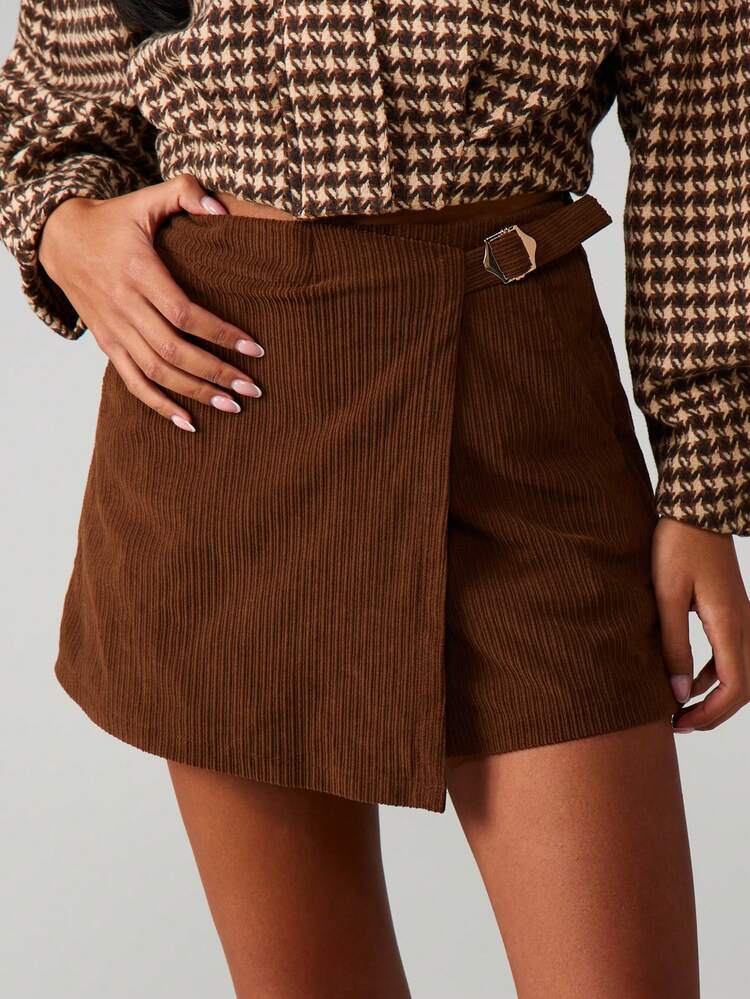 MISSGUIDED Corduroy Wrap Mini Skort With Buckle Detail For Fall Casual Streetwear