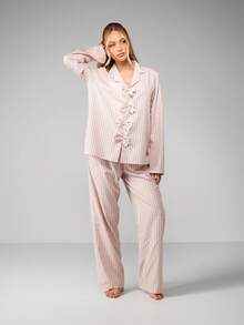 MISSGUIDED Striped Bow Front Pajama Set Long Sleeve Button Up Sleepwear Lounge Comfort Wear - Pink - View 5