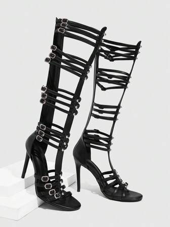 CUCCOO SZL Knee High Gladiator Sandals With Multiple Buckle Straps And High Stiletto Heels For Party Evening Occasions