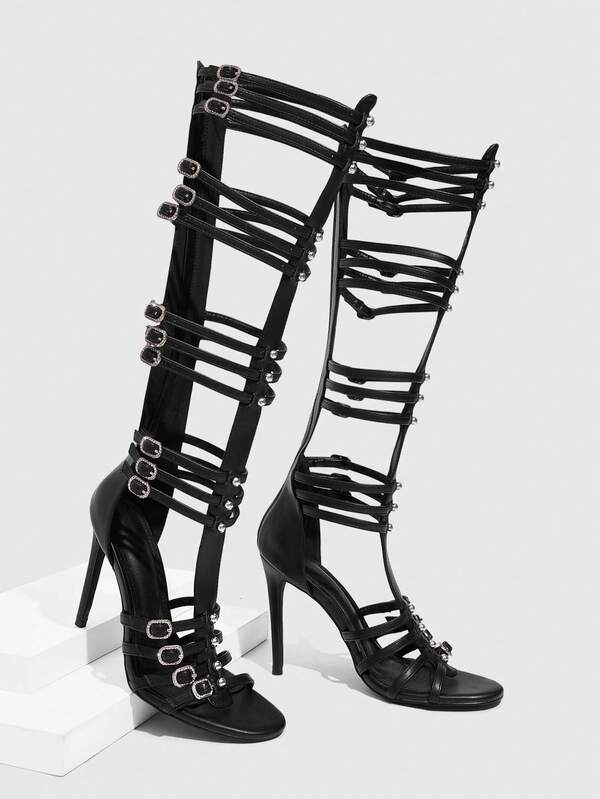 CUCCOO SZL Knee High Gladiator Sandals With Multiple Buckle Straps And High Stiletto Heels For Party Evening Occasions