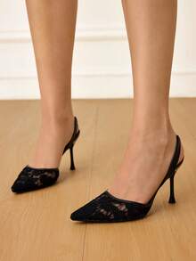 CUCCOO HITCHD 女士尖头细高跟鞋黑色蕾丝网眼透气镂空性感优雅女士高跟鞋带踝带，适合日常、派对、聚会 - 黑色 - 查看 5