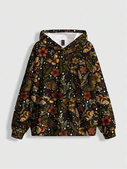 Fairycore sweat-shirt à capuche ample à imprimé floral, feuilles et papillons pour femmes, automne/hiver