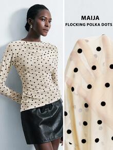 Maija 2025 Maglietta a maniche lunghe aderente con spalle scoperte e paillettes, colore bianco albicocca, adatta per la stagione autunnale delle feste di inizio autunno, abbigliamento da donna per l'autunno, top a pois a maniche lunghe, top a pois da donna, top trasparenti a pois da donna