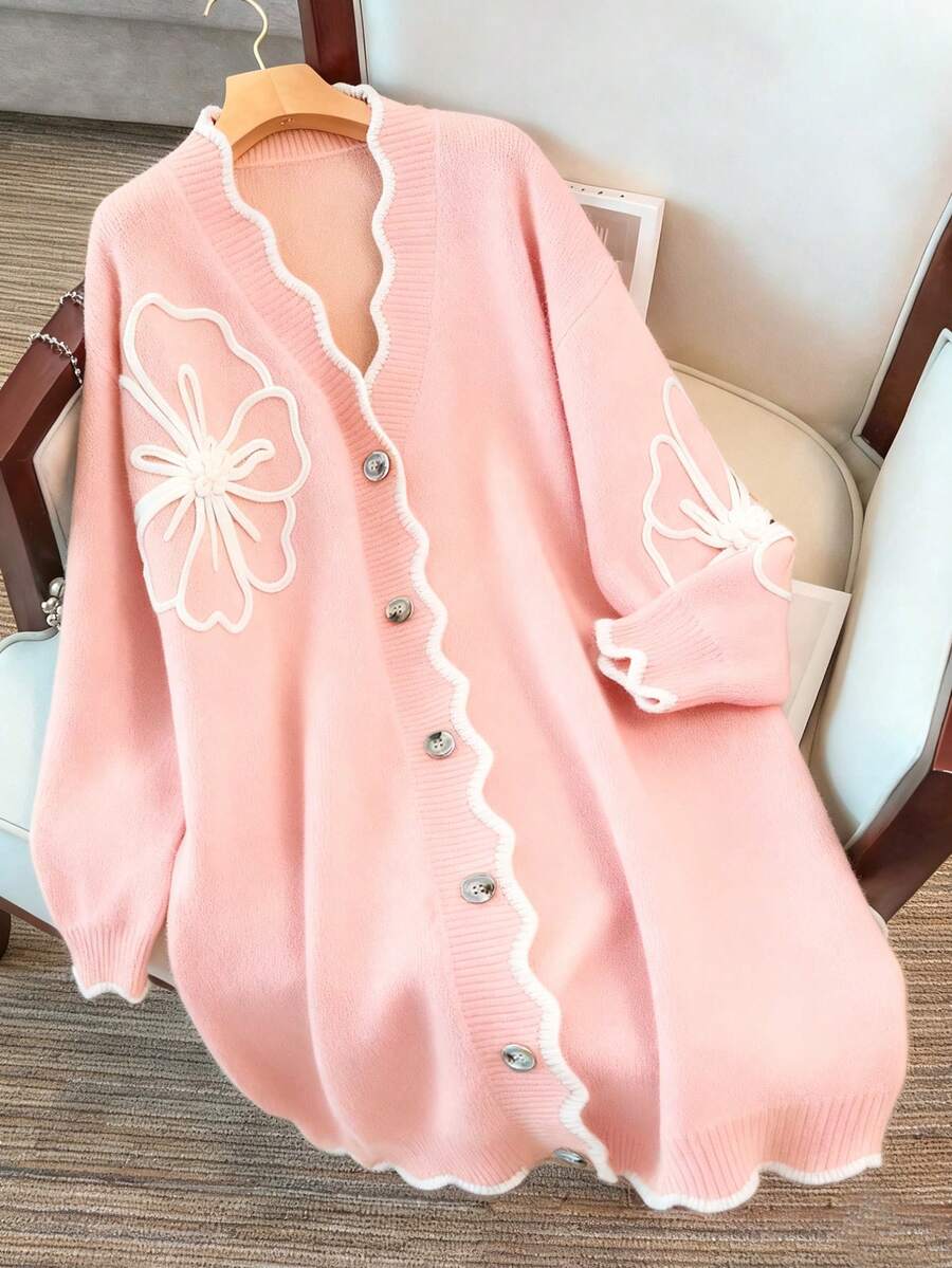 GlowEve CURVE 大码女款铁锈色花卉针织开衫,厚实,V领,色块,百搭,秋冬 - 淺粉色 - 查看 1