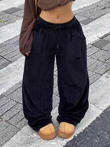 Coolane 女式秋季街头时尚休闲复古灯芯绒纹理长裤 - 黑色 - 查看 3