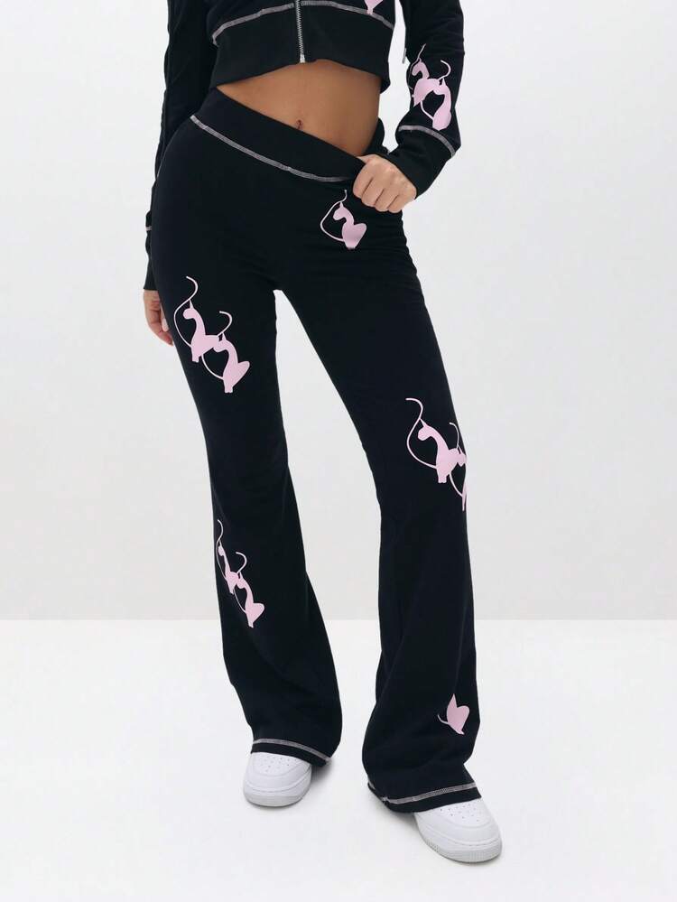 BABYPHAT Pantalón de chándal ajustado y acampanado con estampado de gato rosa para uso casual diario