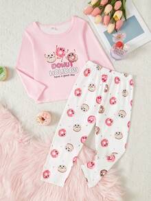 2pcs Young Girl' Cute Donut Print Long Sleeve Pajama Set