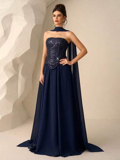 Coutiva فستان أنيق مزين بالترتر ذو أكمام طويلة، ثوب رسمي فاخر للحفلات