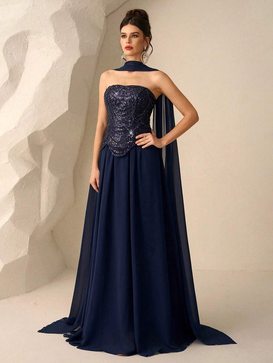 Coutiva Váy dài tay đính sequin thanh lịch, váy dạ hội cao cấp cho tiệc tối