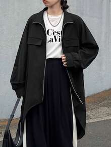 FRIFUL Women's Solid Black Stand Collar Raglan Sleeve Pocket Decorated Metal Zipper Front Short Back Long Loose Casual Versatile Regular Jacket, Autumn/Winter