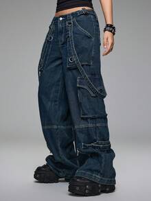 ROMWE Grunge Punk Quần jean ống rộng cạp thấp dáng rộng phong cách Punk Retro Cargo của Kpop - Màu xanh lam - Xem 5