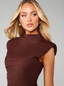 MISSGUIDED Structured Shoulder Bodycon Mini Dress High Neck Sleeveless Form Fitting Party Dress - Brown - View 5