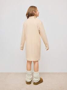 Tween Girl Half Zip Ribbed Knit Long Sleeve Dress - Black - View 2