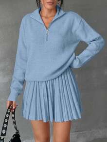 EURMUSE Women Solid Color Zipper Neck Drop Shoulder Pullover Sweater Skirt Set Brunch School Baby Blue Fall Casual Preppy - Baby Blue - View 7