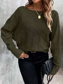 EURMUSE Damen Lässig Einfarbiger Fledermausärmel Pullover, Herbst/Winter - Armeegrün - Übersicht 7