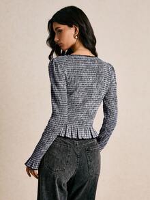 Poéselle 女士时尚休闲格子印花纽扣长袖衬衫 - 藏蓝色 - 查看 2