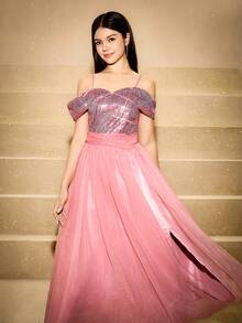 Vestido elegante con hombros descubiertos y lentejuelas para adolescentes, adecuado para bailes de graduación, actuaciones, banquetes, recepciones, exposiciones de arte y eventos de moda - Rosa - Ver 7