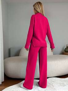 EURMUSE 2pcs Women Casual Solid Color Side Slit Sweater And Pants Set, Autumn/Winter - Hot Pink - View 2