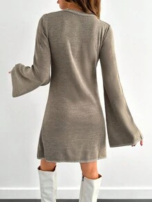 EURMUSE Women Color Block Sweater Dress With Striped Edges - Mocha Brown - View 2