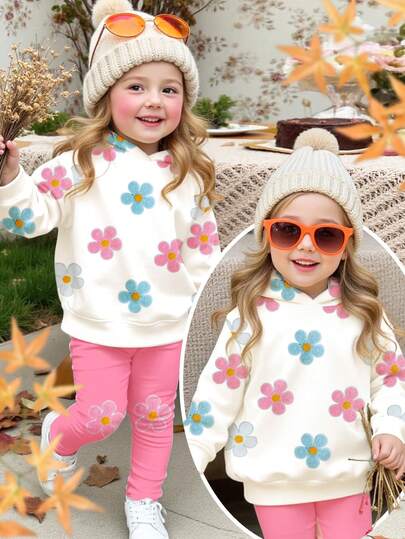 SHEIN 2件套女婴复古花卉印花连帽运动衫和运动裤套装，甜美可爱