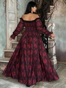 Lyrianda Plus Size Women's Autumn/Winter Off Shoulder Long Sleeve Ruffle Trim Bow Tie Waist A-Line Rose Print Elegant Vintage Cute Palace Style Romantic Maxi Dress