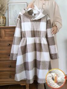 Vintaside Kids 少女冬季棕白格纹双面羊毛保暖连帽腰部 A 字中长连衣裙，时尚