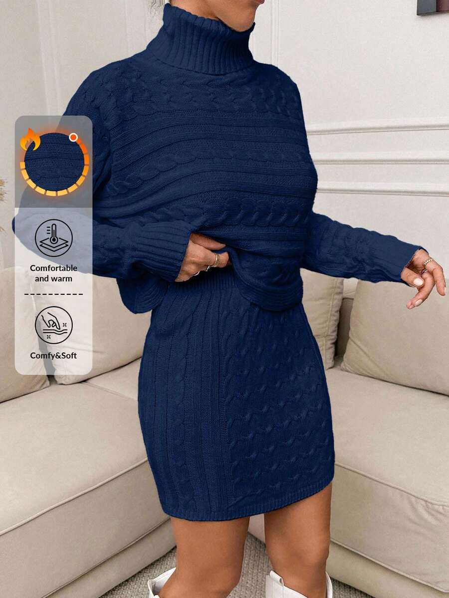 EURMUSE Maglione a collo alto lavorato a trecce a pipistrello e minigonna lavorata a trecce, set di 2 pezzi - Blu Navy - Visualizzare 1