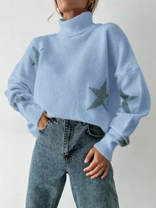 EURMUSE Women's High Neck Sweater With Star Pattern - Baby Blue - View 3