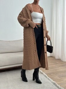 EURMUSE 女士纯色落肩长袖单排扣长款开衫，休闲宽松，秋冬 - 駝色 - 查看 5