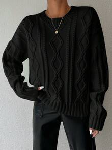 EURMUSE Women's Solid Color Round Neck Drop Shoulder Long Sleeve Casual Sweater, Autumn/Winter - Black - View 4