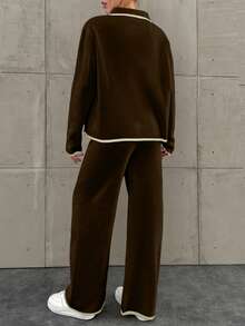 EURMUSE 2pcs Women Winter Contrast Color Drop Shoulder Cardigan And Knitted Sweatpants Set - Brown - View 2