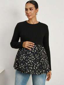 MaterniWear Solid Color Print Patchwork Round Neck Long Sleeve Nursing Top