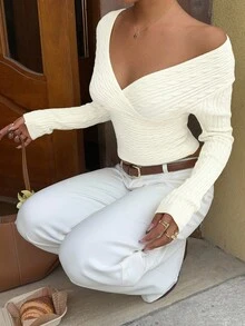 Flirla 女士时尚性感扭纹交叉V领长袖毛衣 - 白色 - 查看 6