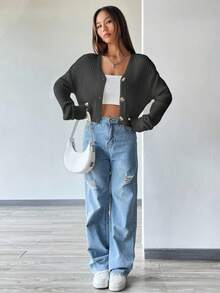 SHEIN Unity Fashionable & Versatile Button-Up Ribbed Knit Cardigan, Autumn/Winter