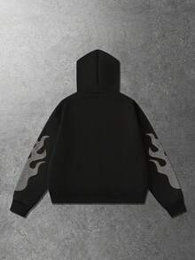 ROMWE MEN Street Life Sudadera casual y de moda para hombre con estampado de personaje, letra, rhinestone, patrón de llama, cremallera, forro polar, cálida para otoño/invierno - Negro - Ver 2