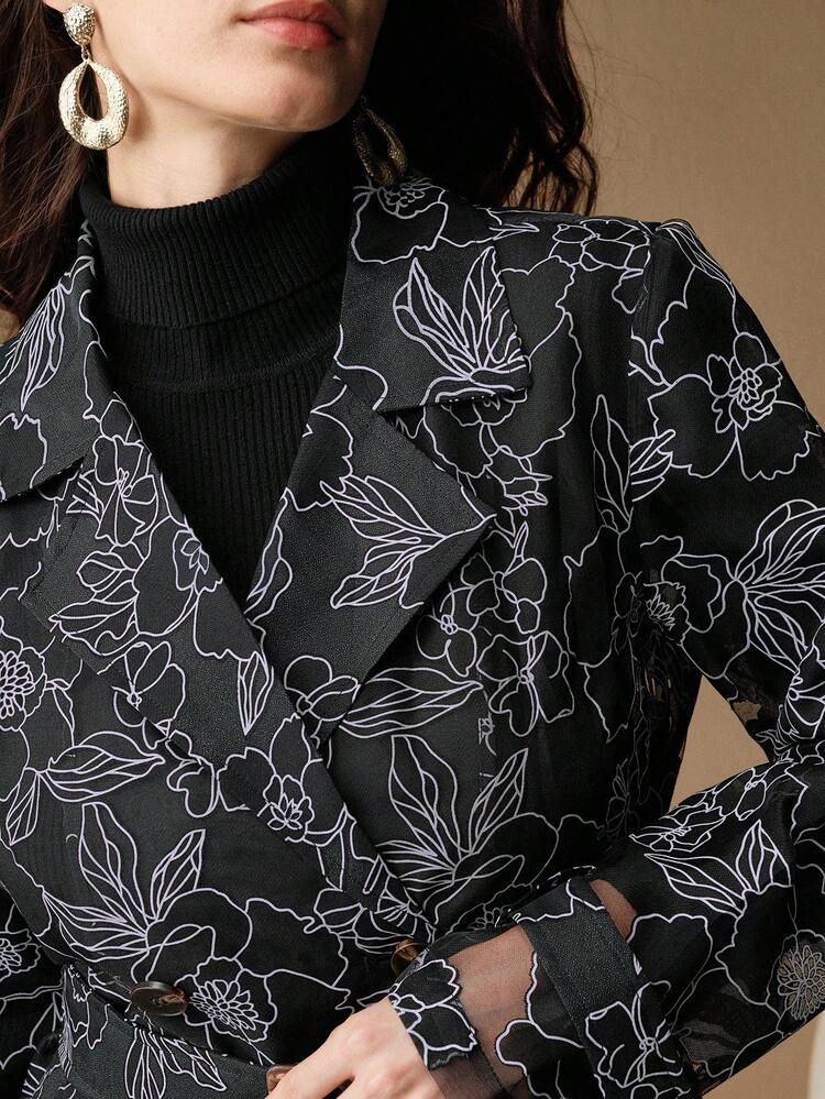 エレガントなウエストシェイプ ロング袖 フレアタイウエスト ローズバーンアウト レディーストレンチコート、オフショルダー、ビジネスカジュアル、秋冬、クリスマス、新年、エレガント、ラグジュアリー、シック向け