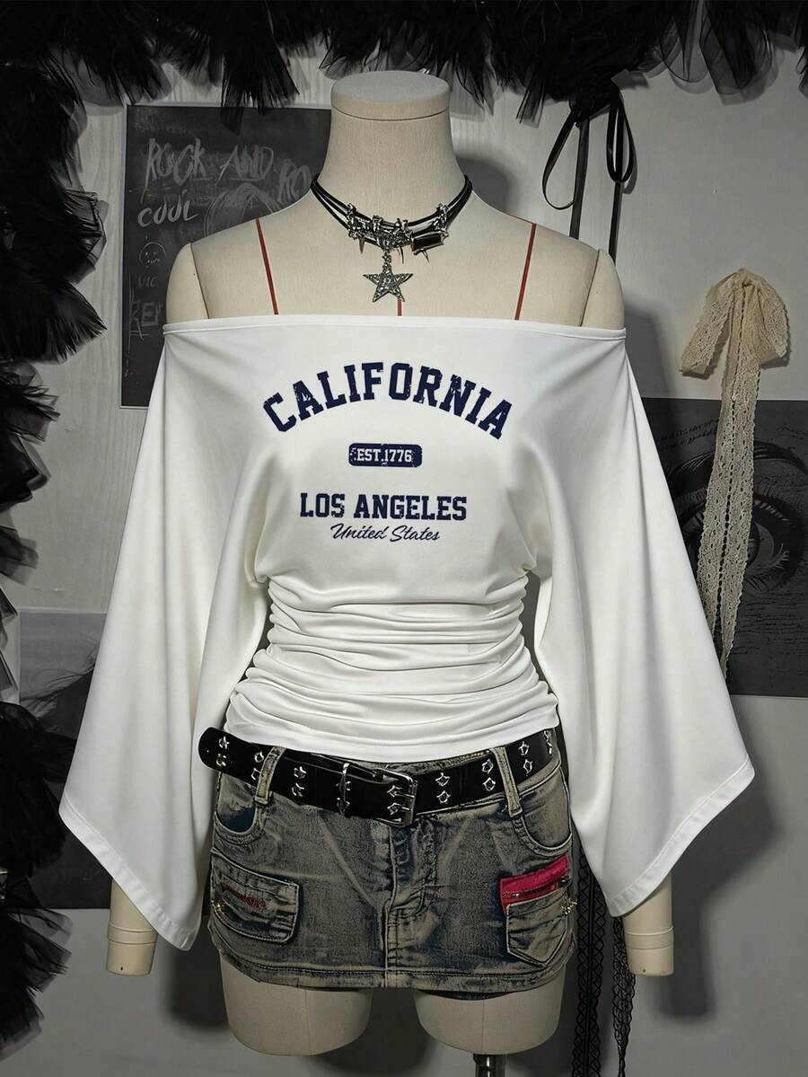 SHEIN EZwear Áo thun nữ dáng rộng tay loe in chữ phong cách đường phố, hở vai, thời trang thường ngày, mùa xuân/thu - trắng - Xem 1