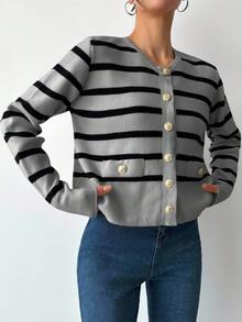 SHEIN Tall Striped Pattern Button Front Cardigan, Tall Women - Light Grey - View 5