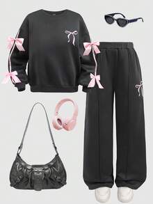SHEIN 2 Stücke Tween Mädchen Lässig Mode süße Schleife Muster Kontrast Farbe Schleife Dekor Rundhals Pullover Sweatshirt & gerade geschnittene weite Bein Hose Set, Herbst/Winter Sweatshirt Outfit - Dunkelgrau - Übersicht 2