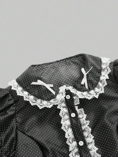 Kawaii Blouse à manches courtes avec taille ajustée, patchwork en dentelle et à pois pour femmes