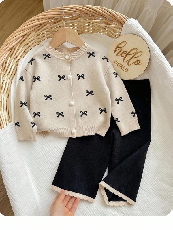 SHEIN Baby Girl Bow Decor Cardigan & Knit Pants Set Autumn Winter Clothes FoGirlen