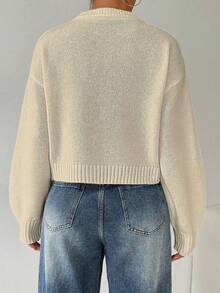 SHEIN LUNE Áo len nữ cổ tròn tay dài màu trắng đơn giản, thoải mái - Màu be - Xem 3