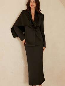 Aveloria Women's Asymmetrical Satin Elegant Long Sleeve Blazer & Maxi Skirt Suit Set