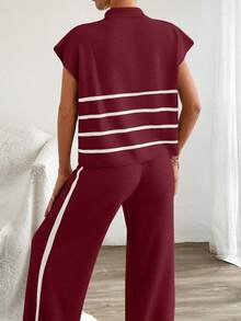 RueChic Áo khoác cardigan cổ polo kẻ sọc thường ngày và quần phối hợp - Màu Đỏ Sâu - Xem 3